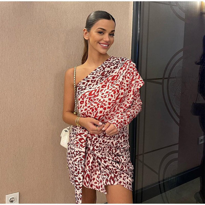 Levoire | Motif Léopard Robe Mini À Une Épaule Sans Manches Style 1