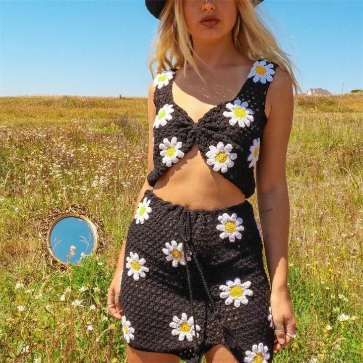 Levoire | Top En Crochet Tricoté Et Ensemble Jupe Love-Fleur Au Design Élégant noir blanc fleur