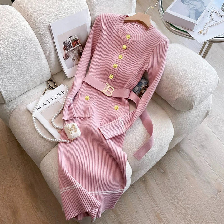 Levoire | Robe Tricotée Avec Ceinture Et Boutons Rose Taille Unique