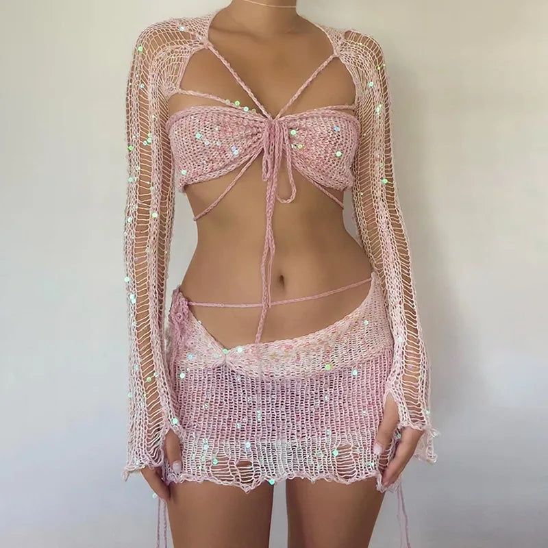 Levoire | Top Court À Manches Longues En Crochet Pailleté Et Jupe Moulante Mini Ensemble À Deux Pièces Rosa