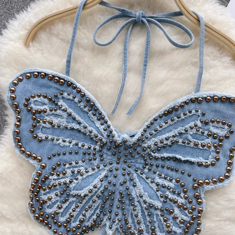 Levoire | Top Court Vintage En Denim Y2K Avec Papillon
