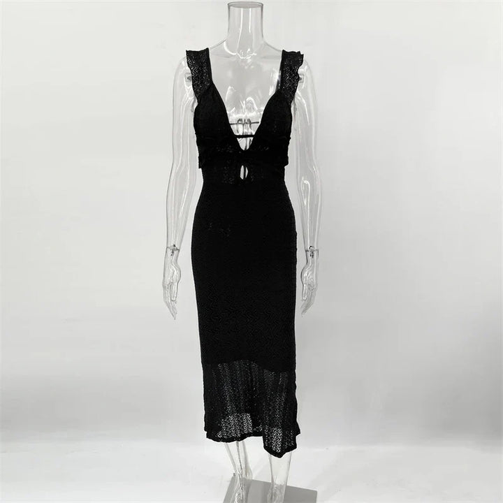 Levoire | Robe D'Été Longue Sans Manches Avec Coupe Slim Et Décolleté En V Profond Pour Femmes Noir