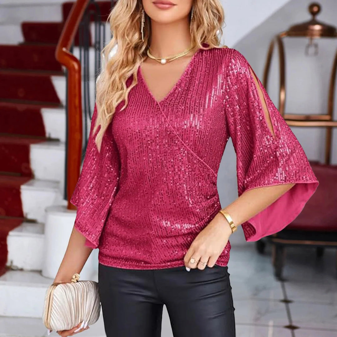Levoire | Chic Blouse À Paillettes À Col V Avec Manches Évasées Rose clair