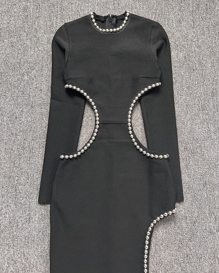 Levoire | Noir O-Top Découpe Perle Décoré Robe Longue