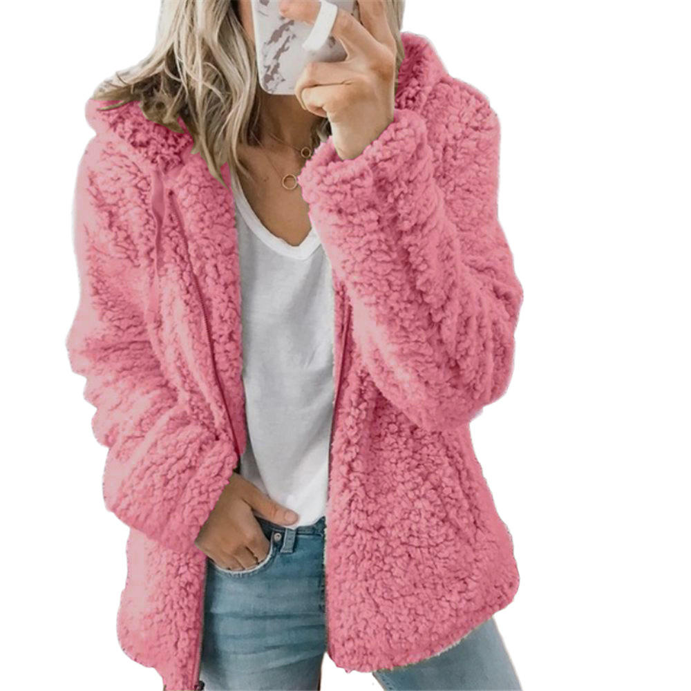 Levoire Mode Femme | Manteau en fourrure élégant en peluche ours : Manteau en polaire doux avec poches et fermeture éclair Rosa
