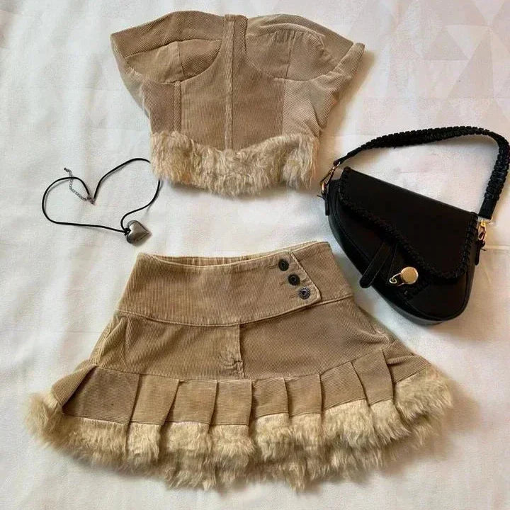 Levoire | Style Vintage Cordon Ensemble Crop Top Jupe Mini Deux pièces Beige