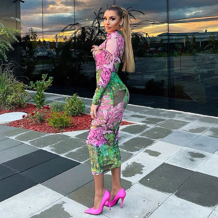 Levoire | Robe Midi Bodycon Imprimée À Fleurs À Manches Longues