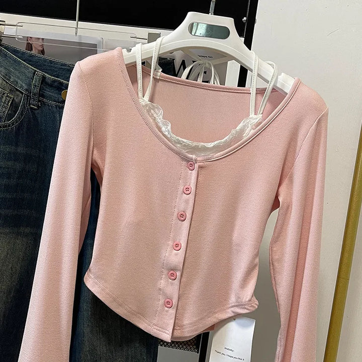 Levoire | Modernes, Élégant T-Shirt À Manches Longues Pour Femmes Avec Détails En Dentelle Rosa