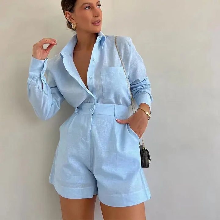 Levoire | Ensemble Classique Pour Femmes À Manches Longues Et Shorts Bleu