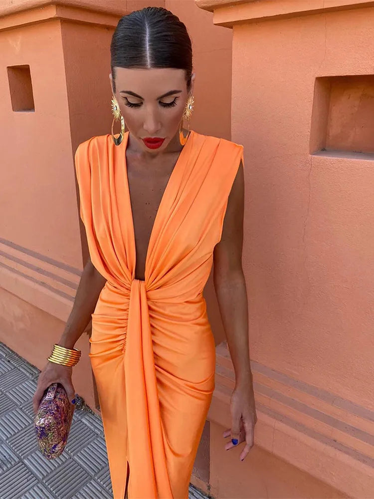 Levoire | Dyp Robe Sans Manches V Profond Tendance Longue Orange