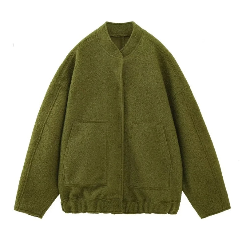 Levoire | Grande Veste En Laine Avec Encolure Ronde Et Bouton Vert olive