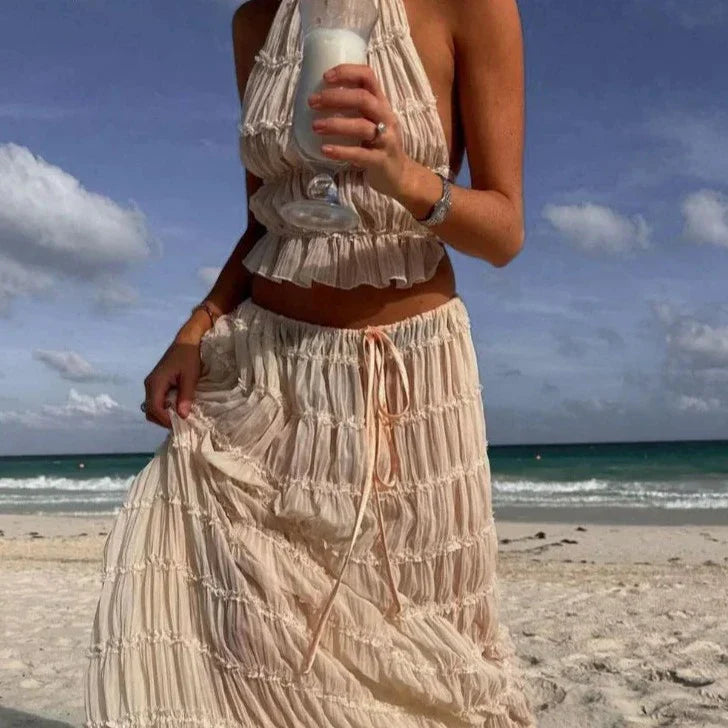 Levoire | Haut Court Plissé Co Ord Jupe Longue À Halter Set