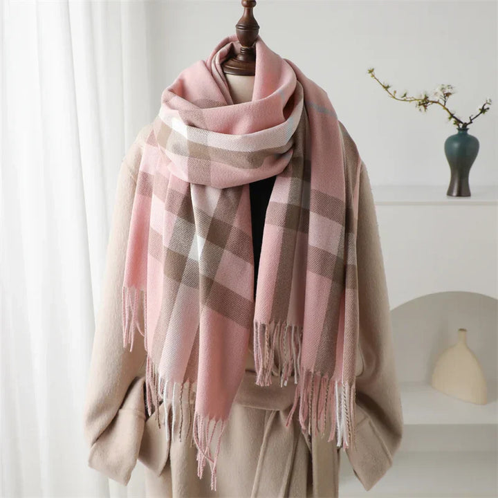 Levoire | Écharpe D'Hiver De Luxe En Cachemire À Carreaux Avec Franges Rose