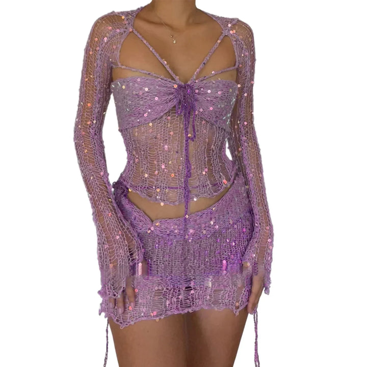 Levoire | Top Crop Tricot À Paillettes En Crochet Et Mini Jupe Co Ord Set Lilas