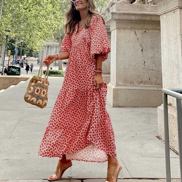 Levoire | Robe Bohème À Encolure En V Avec Manches Bouffantes Rouge