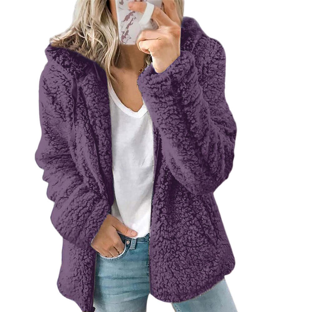 Levoire Mode Femme | Manteau en fourrure élégant en peluche ours : Manteau en polaire doux avec poches et fermeture éclair Lila