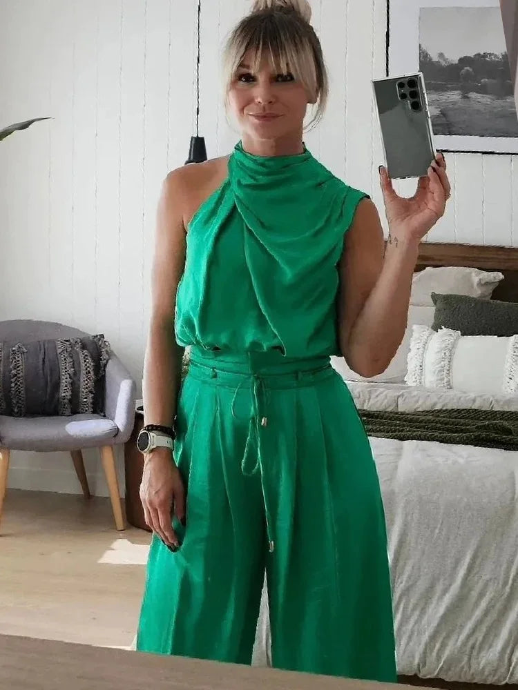 Levoire | Ensemble Élégant Haut Et Pantalon Évasé Vert