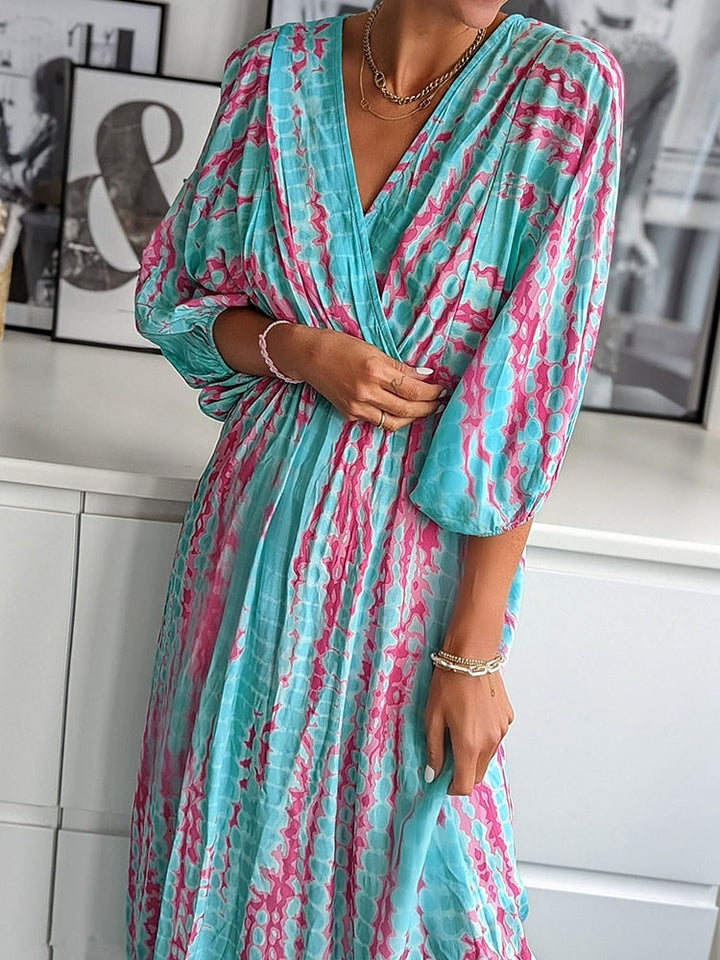 Levoire | Robe Fleurie Col V Manches Bouffantes Plus Bleu