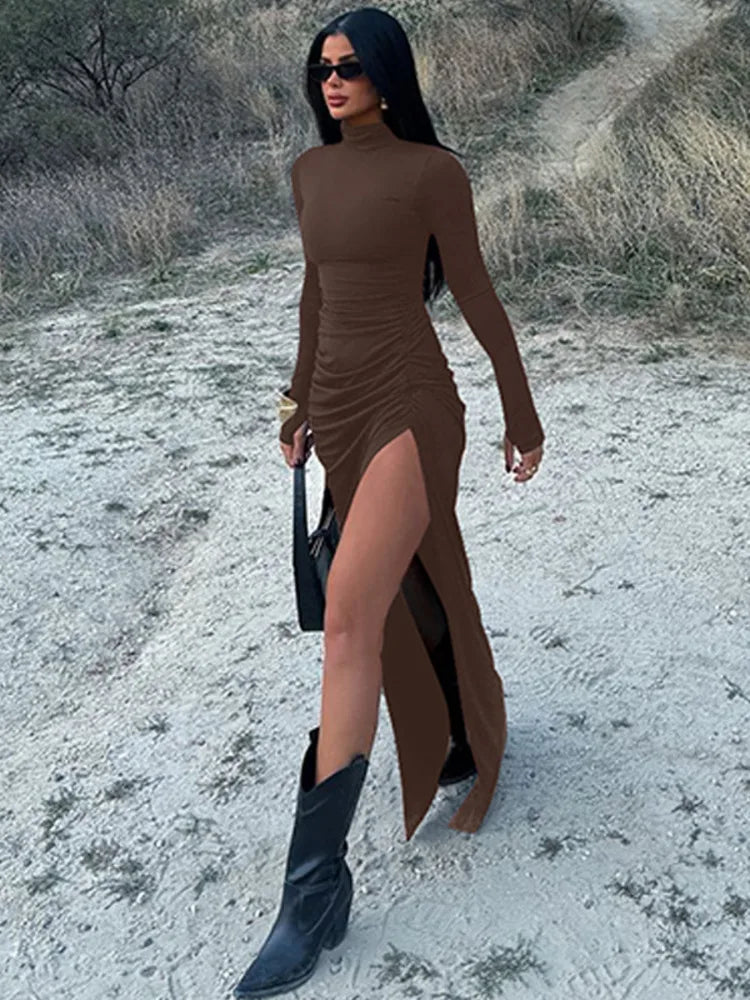 Levoire | Maxi-Kleid Avec Rollkragen Et Beinschlitz Marron