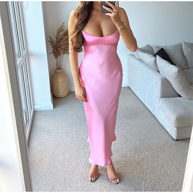 Levoire | Satin Sans Épaules Dos U Fente Midi Robe