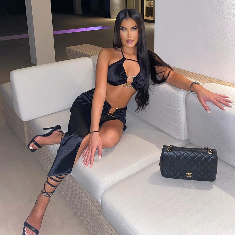Levoire | Crop Satin Sans Manches & Couture Latérale Midi Robes
