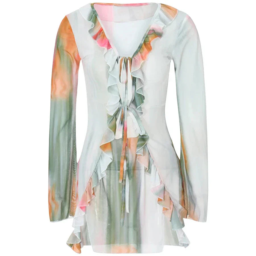 Levoire | Robe Mini À Manches Longues Avec Volants Et Motif Batik Jaune