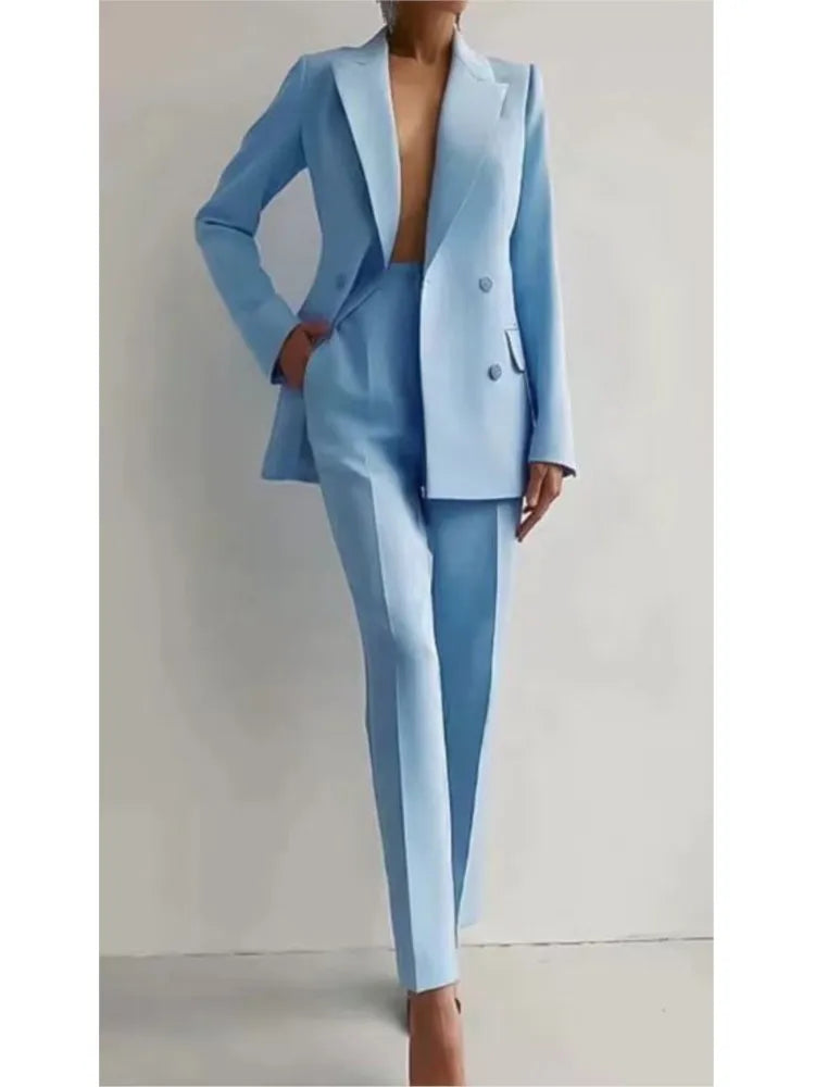 Levoire | Veste À Col Enveloppant À Manches Longues, Pantalon À Jambes Larges, Ensemble Deux Pièces Bleu