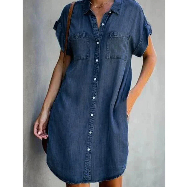 Levoire | Robe Chemise En Jean Pour Femmes À Manches Courtes Bleu foncé