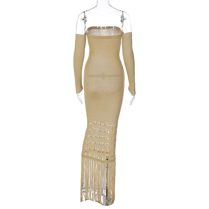 Levoire | Robe Maxi Dénudée À Franges En Tricot À Manches Longues