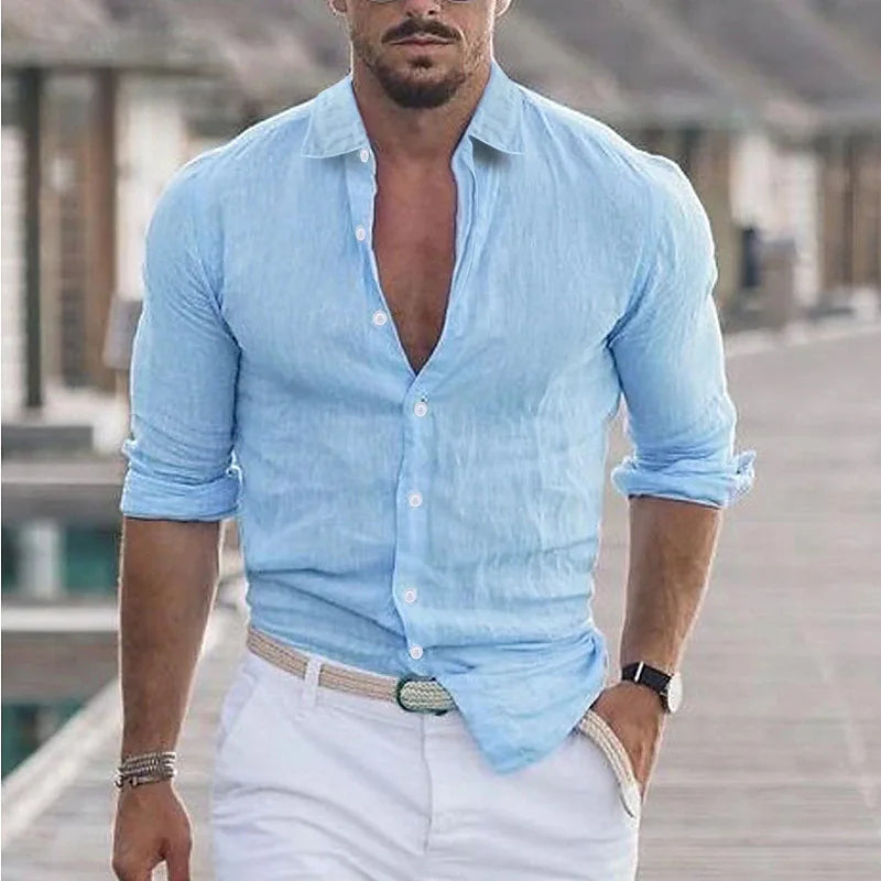 Levoire | Chemise En Lin Pour Hommes Respirant Style Decontracte Bleu ciel