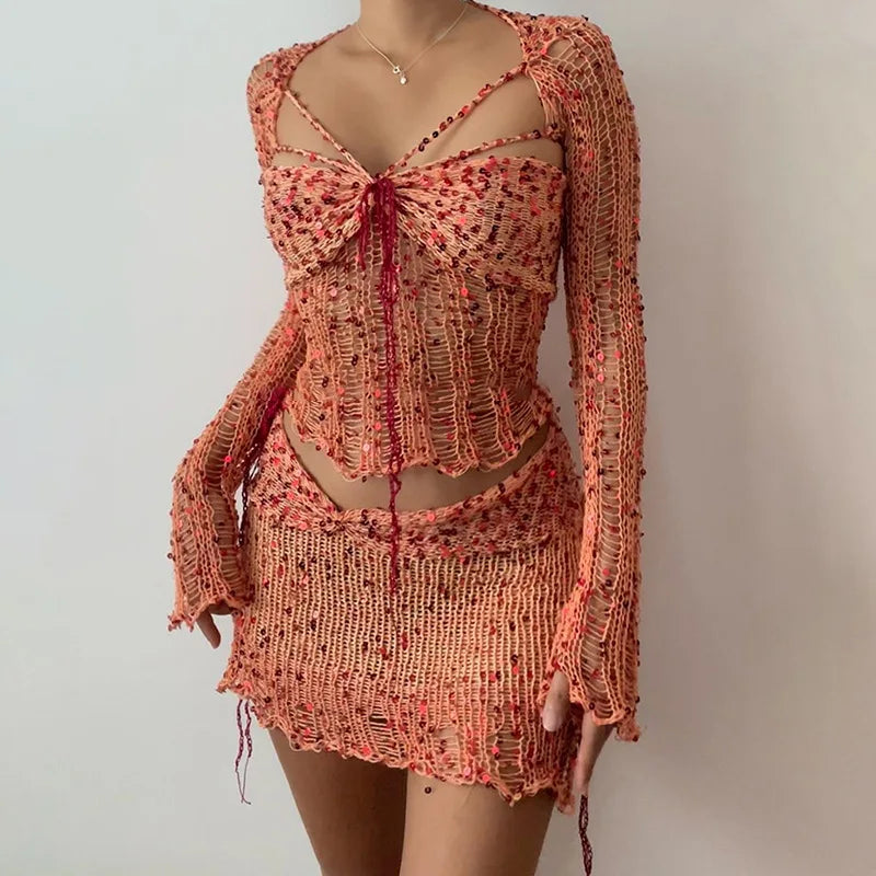 Levoire | Top Court À Manches Longues En Crochet Pailleté Et Jupe Moulante Mini Ensemble À Deux Pièces Orange