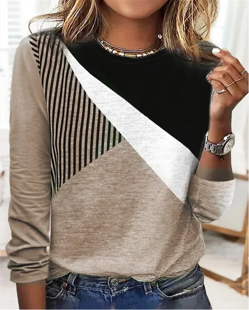 Levoire | Pull Rayé Élégant À Manches Longues Avec Col Rond Khaki
