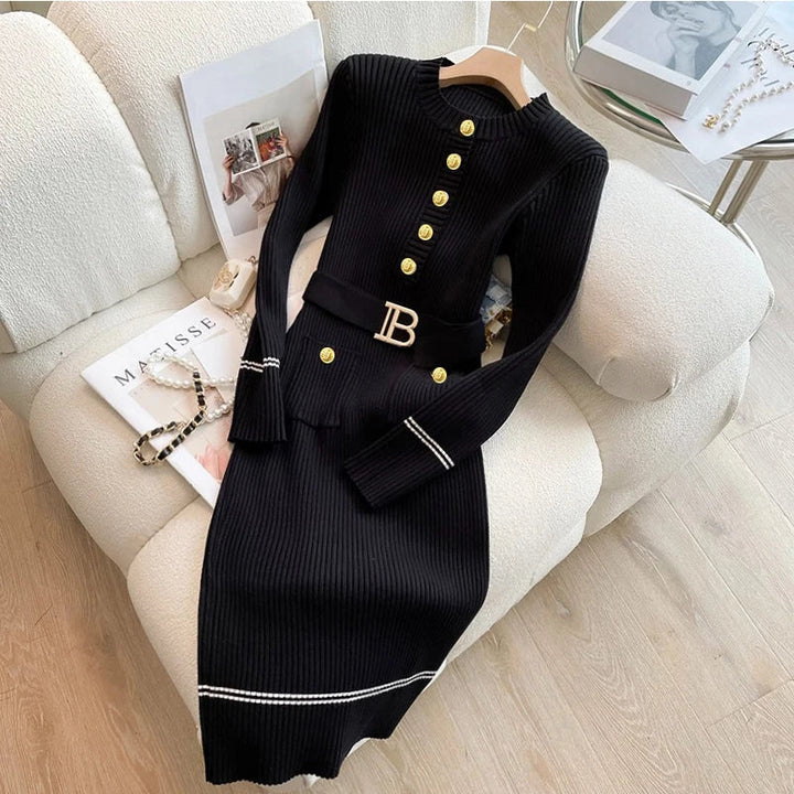 Levoire | Robe Tricotée Avec Ceinture Et Boutons Noir Taille Unique