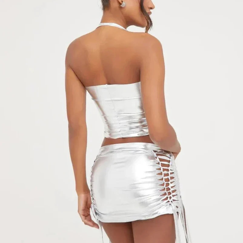 Levoire | Metallic Bodycon Taille Basse Y2K Mini Jupe Crop Top Co Ord Ensemble