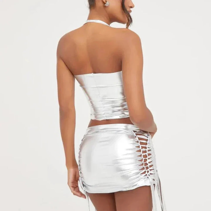 Levoire | Jupe Mini Bodycon Métallique Avec Crop-Top Taille Basse Dans Le Style Y2K
