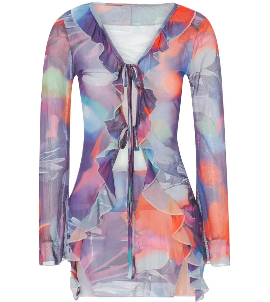 Levoire | Robe Mini À Manches Longues Batik Avec Détails En Volants Pour Un Design Frais Lilas