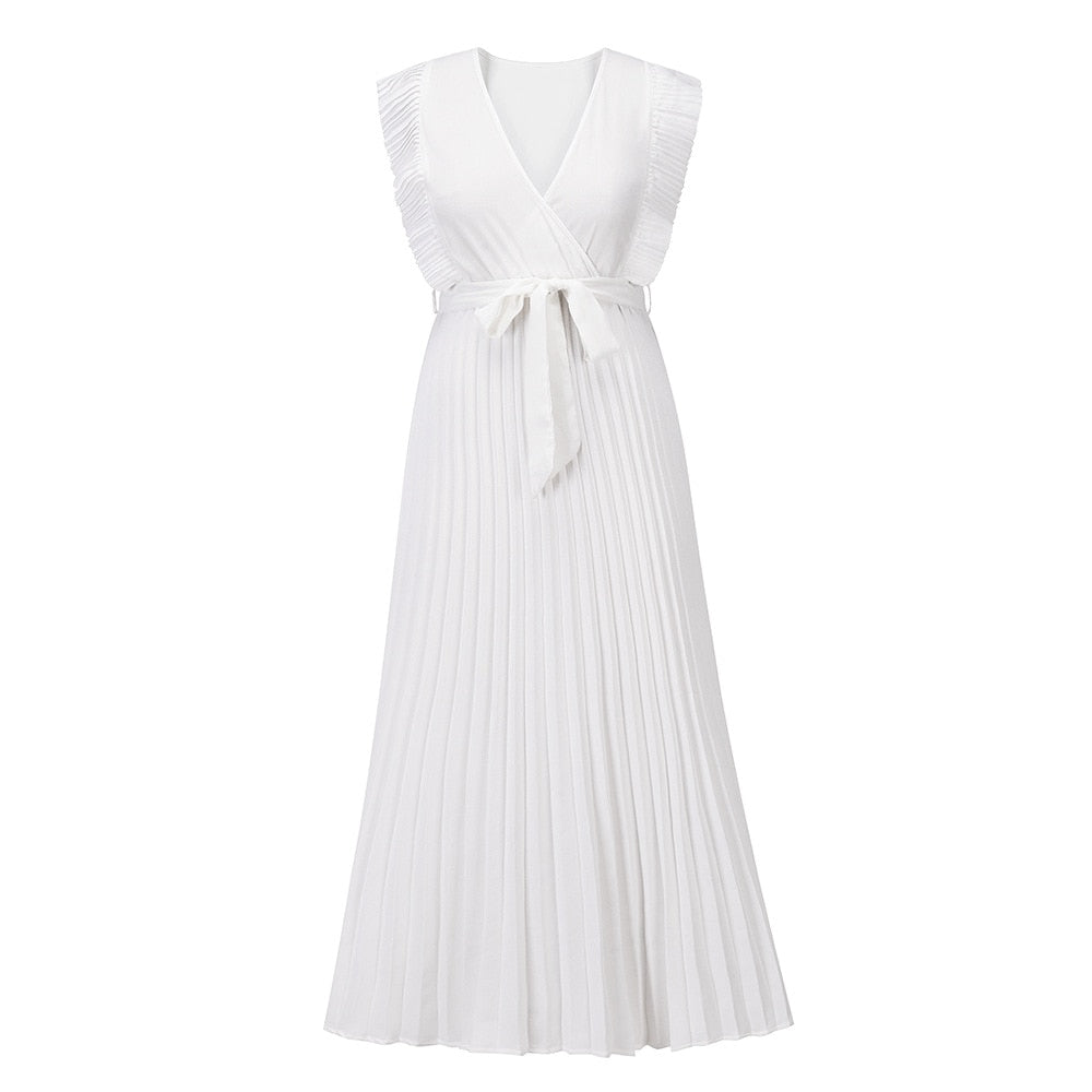 Levoire | Robe Été Sans Manches V-Cou Maxi Plissée Ceinture Blanc