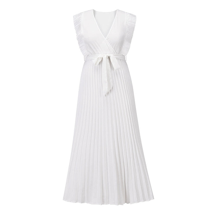 Levoire | Robe Été Sans Manches V-Cou Maxi Plissée Ceinture Blanc