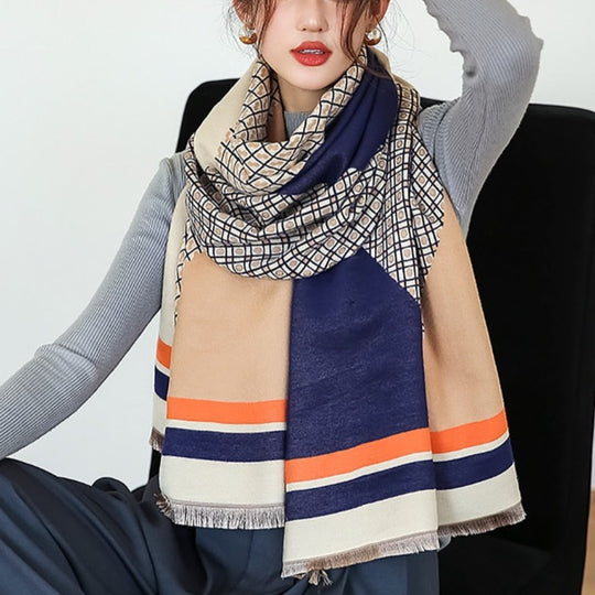Levoire | Confortable Écharpe Douce Avec De Beaux Motifs Bleu et Beige