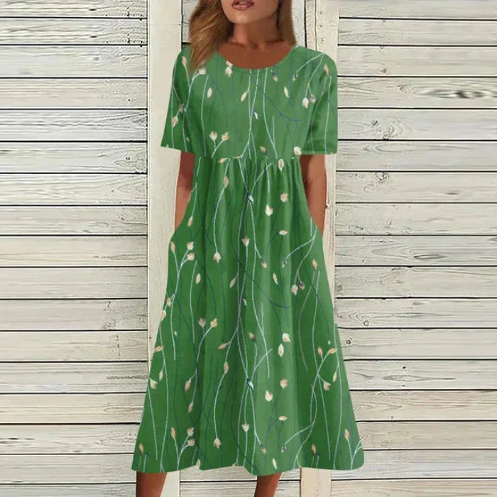 Levoire | Élégante Robe Midi À Motif Floral Et Décolleté En V Vert