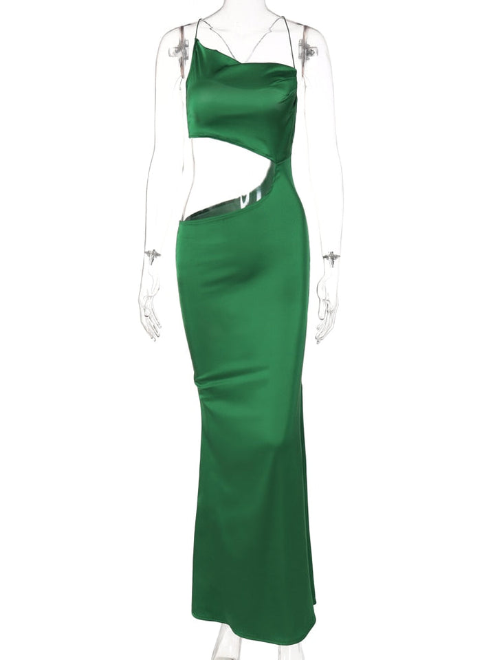 Levoire | Robe Bodycon Longue Satin Vert À Côtés Creux