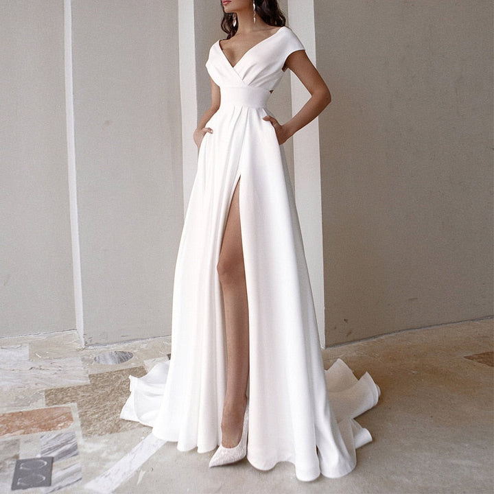 Levoire | Robe À Col V Avec Fente Latérale Taille Haute Robe De Cérémonie Blanc