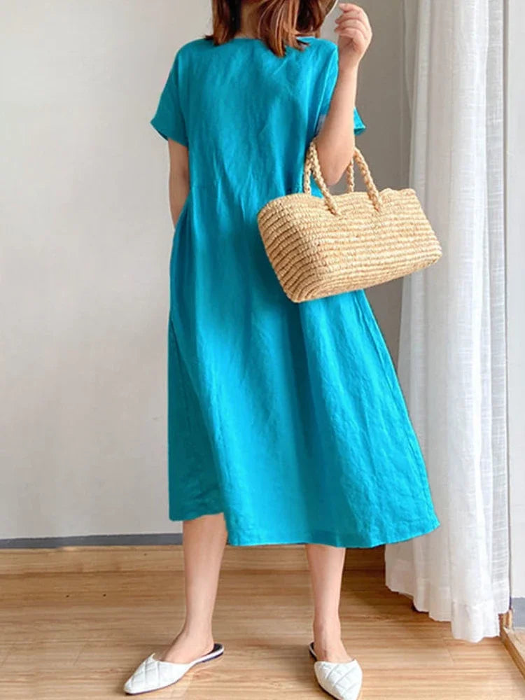 Levoire | Robe Midi Unie En Coton Et Lin Bleu