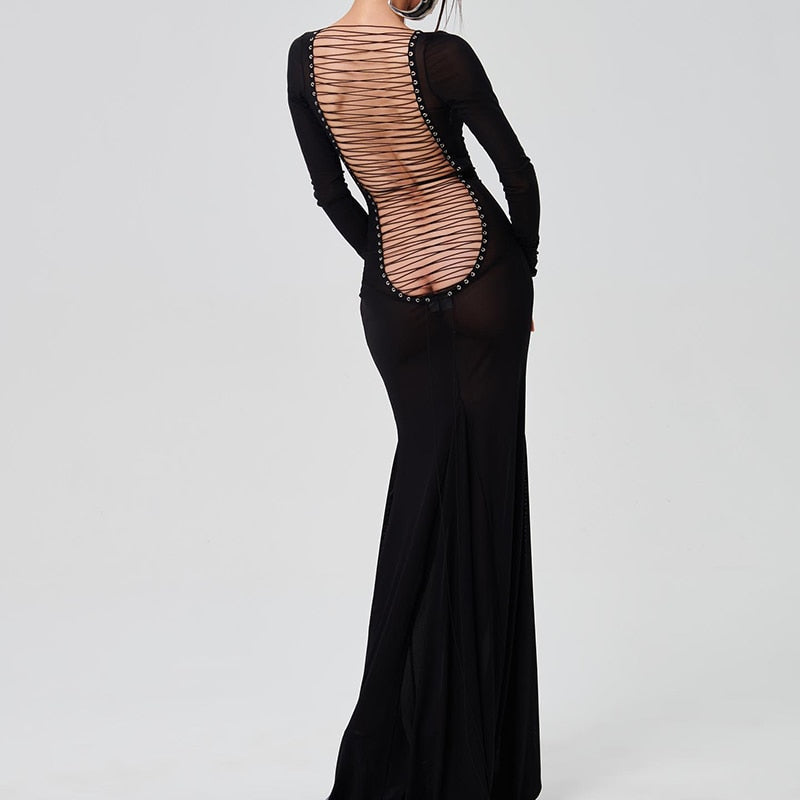 Levoire | Mesh Noir Manches Longues Dos Nu Transparent
