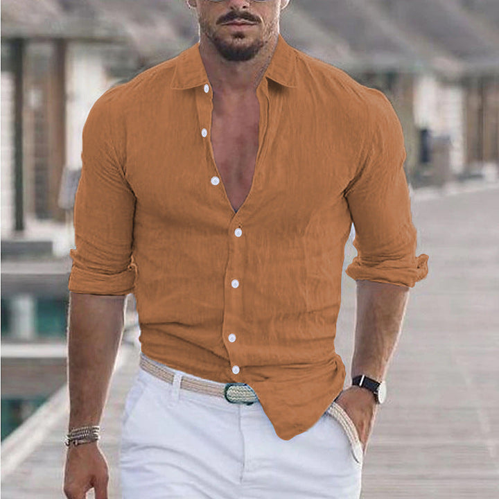 Levoire | Chemise En Lin Pour Hommes Respirant Style Decontracte Couleur caramel