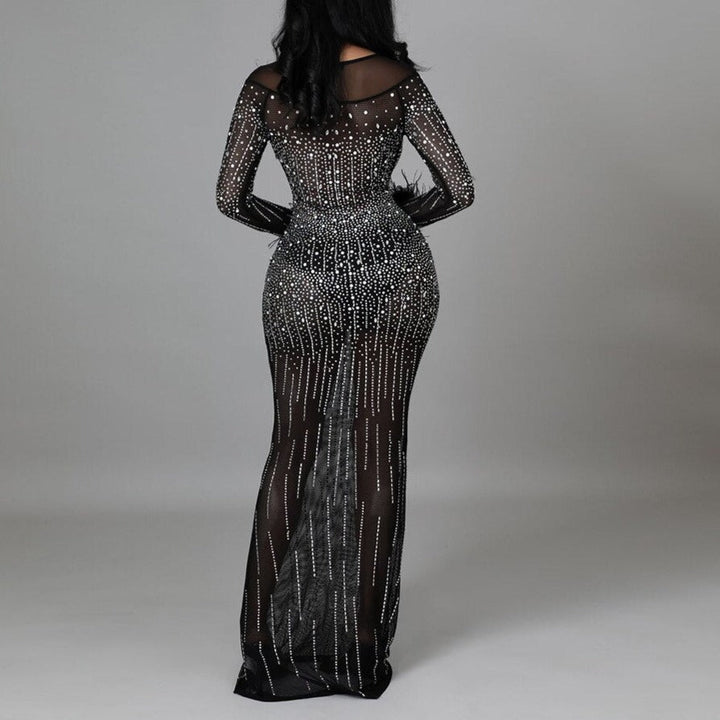 Levoire | Hot Drill Mesh Transparent Manches Longues Sirène Maxi Robe