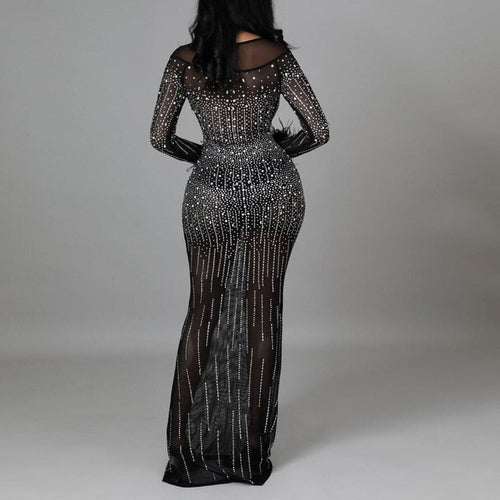 Levoire | Hot Drill Mesh Transparent Manches Longues Sirène Maxi Robe