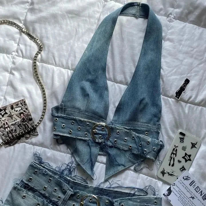 Levoire | Style Vintage En Denim Deux Pièces À Boucles, Top Croisé Co-Ord Haut en denim