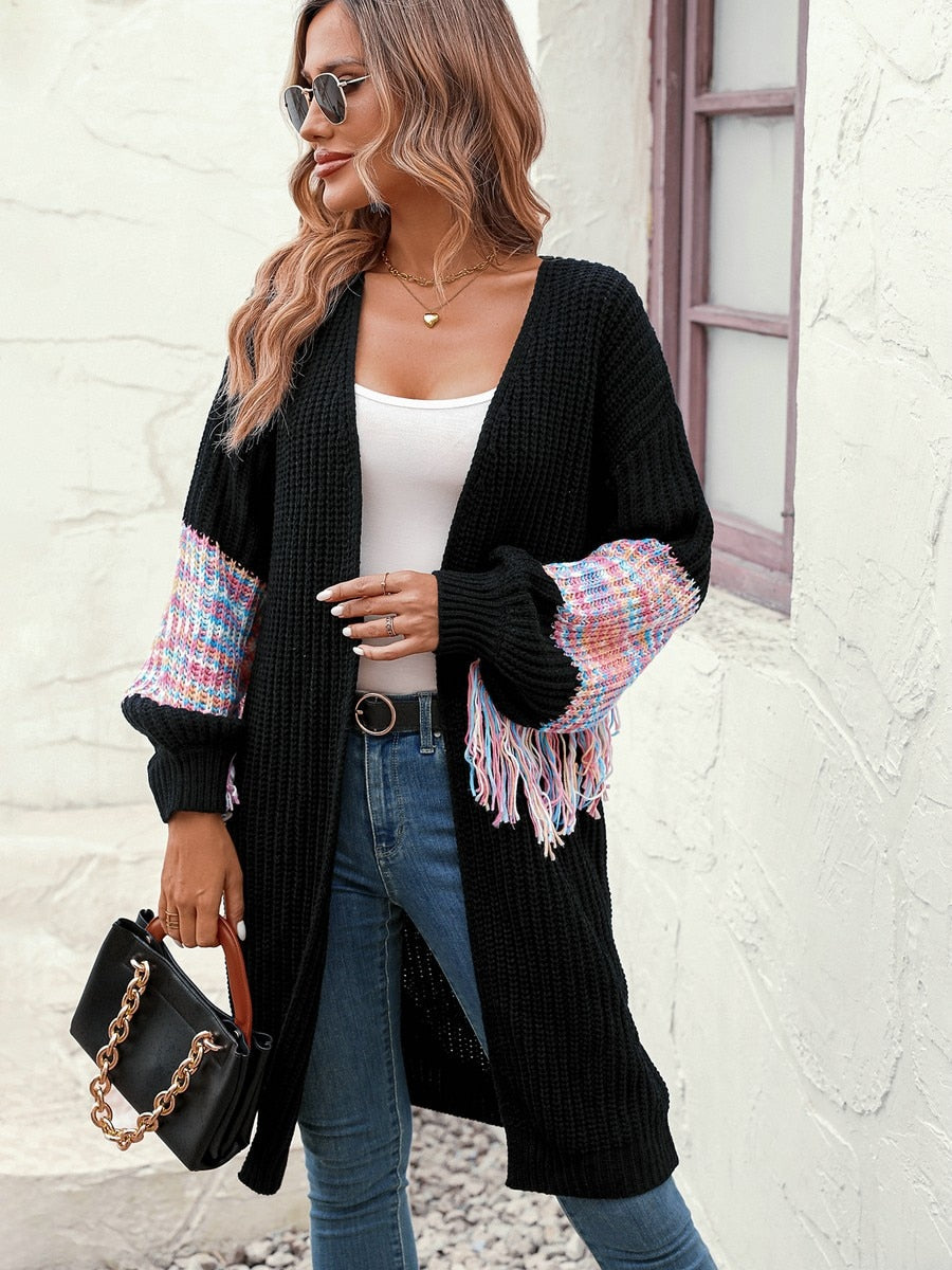 Levoire | Veste Longue En Tricot Noire Chaude Avec Des Franges Colorées Noir