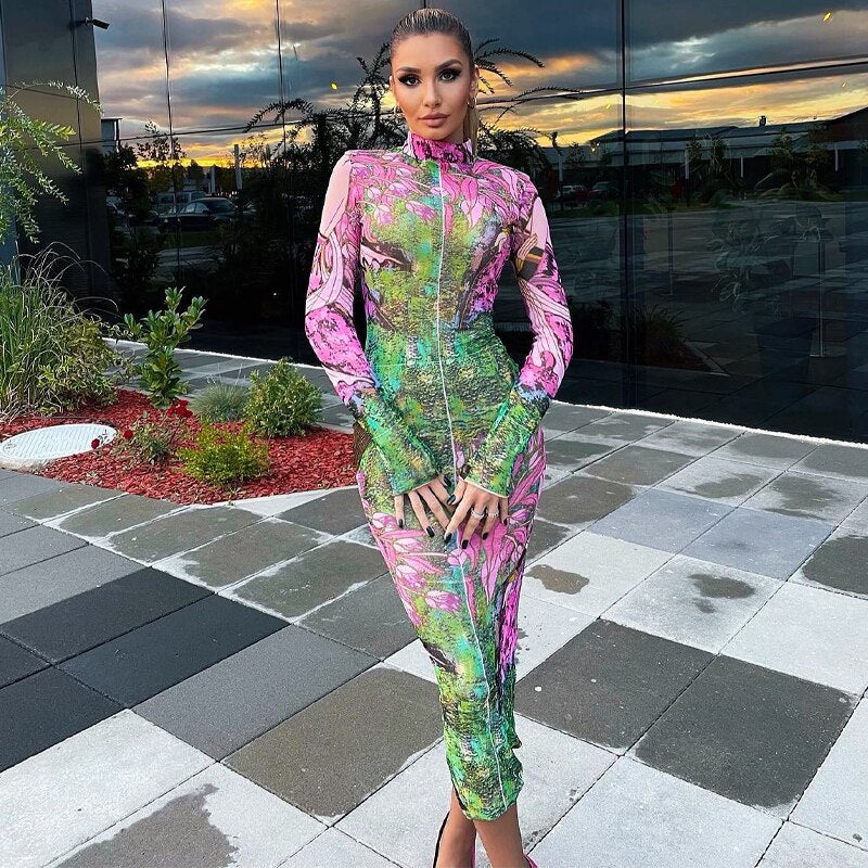 Levoire | Robe Midi Bodycon Imprimée À Fleurs À Manches Longues
